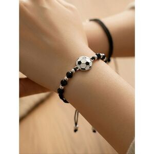 Soccer Ball Bracelet Black Beaded Adjustable Cord Player Team Coach Gift Sports